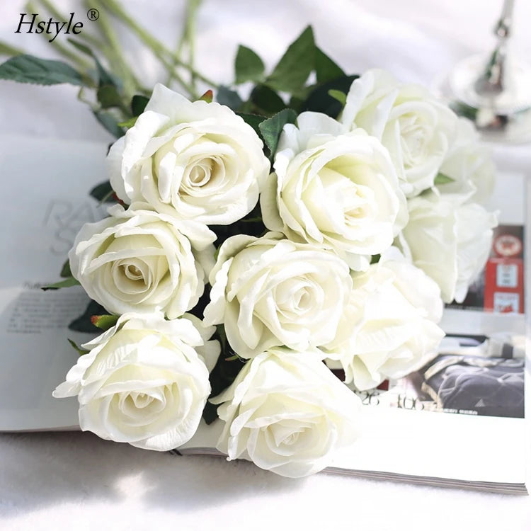 51cm Bouquet Beautiful White Silk Flowers Artificial Wedding Home Table Deco Flower Artificial Flower Roses XH0054