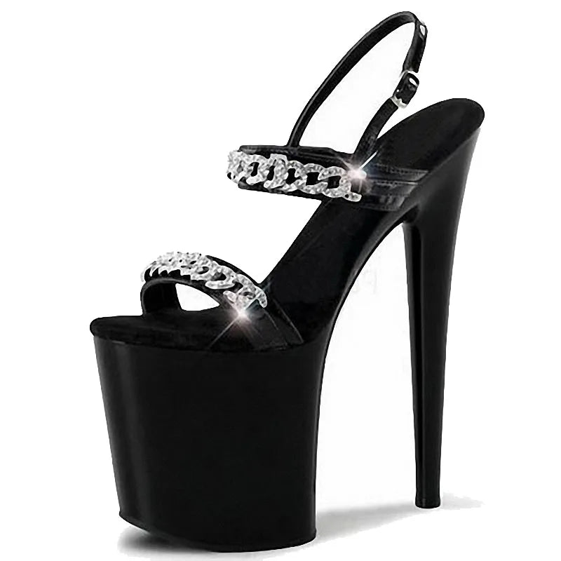 Banquet Fashion Women's Black 20 cm High Heels Summer Sexy Strip Dance Club Large Platform Ankle Strap Leak Toe High Heels