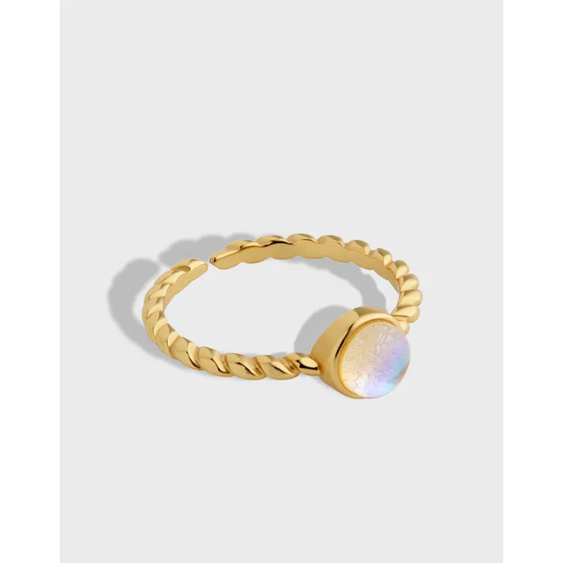 Luxury 925 Sterling Silver Rainbow Moonstone Ring 18K Gold Plated Moon Stone Adjustable Bands Ring