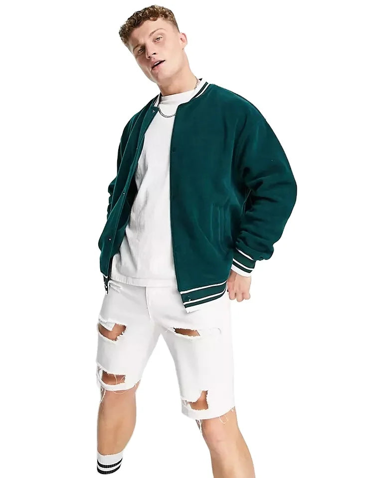 KY Homme Oversized Polar Fleece Varsity Jacket in XL Stripe Cuff Baseball Collar Press-Stud Placket Side Pocket