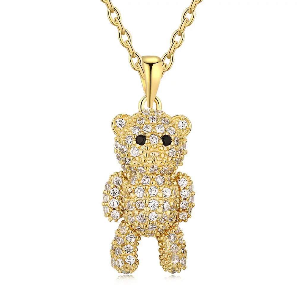 Fashion studded with Zircon Cute Bear Pendant Hip Hop Necklace Ladies 925 Sterling Silver Fine Jewelry Necklace