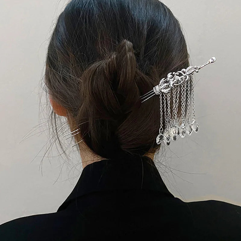 New Chinese Vintage Tiara Crystal Tassel Hairpin Hair Sticks Double Hair Sticks Chain for Hair Accessories