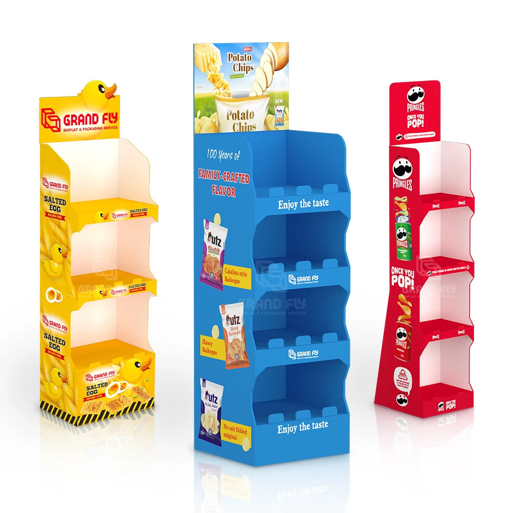 Custom Eco-friendly Floor Standing Cardboard Nuts & Chips Promotion Display Stand for Retail Shops