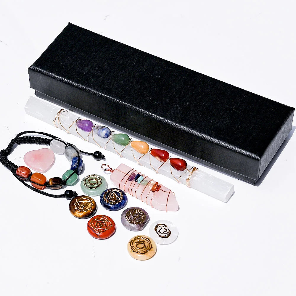 Healing Energy Pure Gem Natural Crystal Semi-precious Chakras 7 Stone love Yoga Meditation Prayer Bracelet Necklace Gift Set