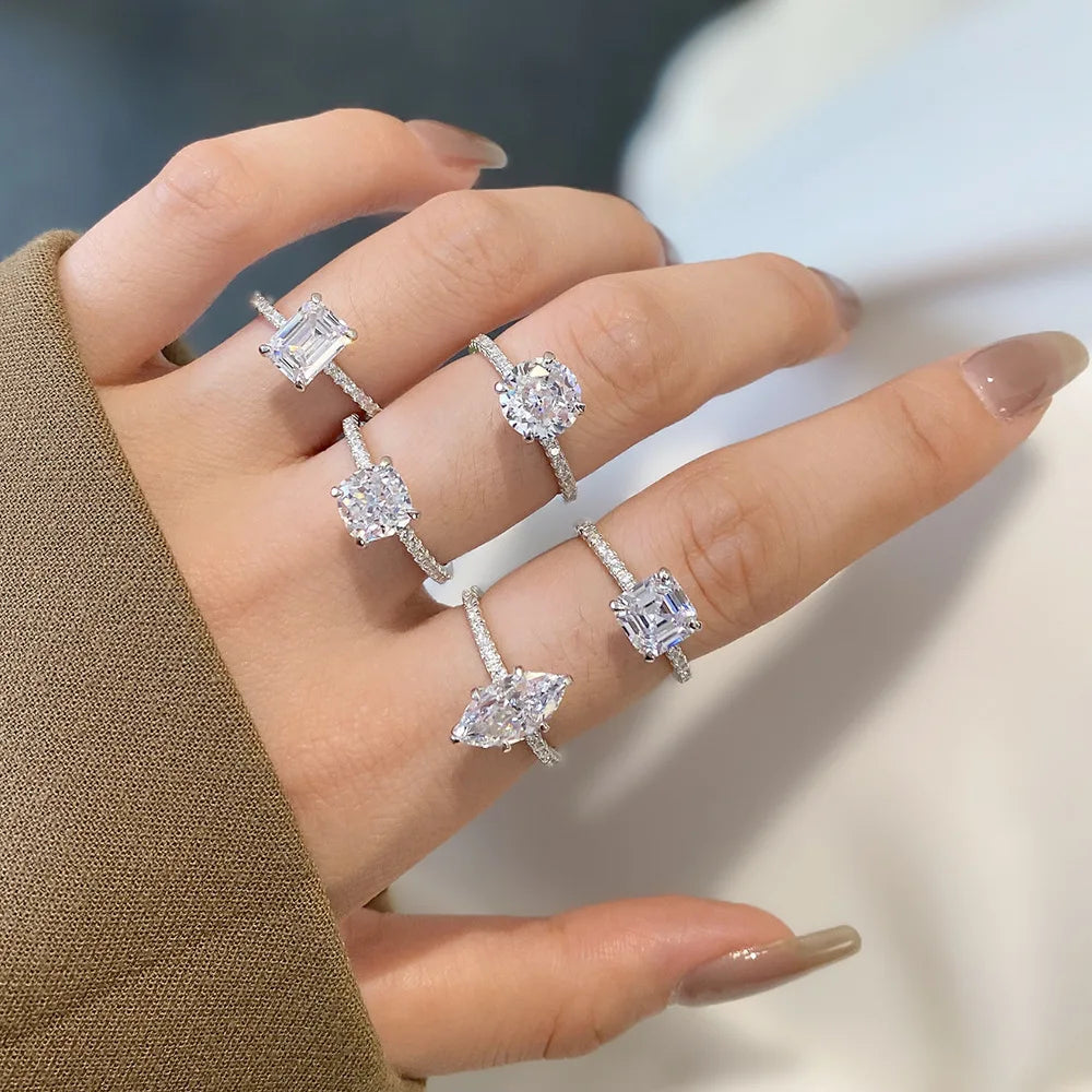 Rectangle Zircon Finger Ring 925 Sterling Silver Claw Setting Zircon Round Stackable Ring for Woman