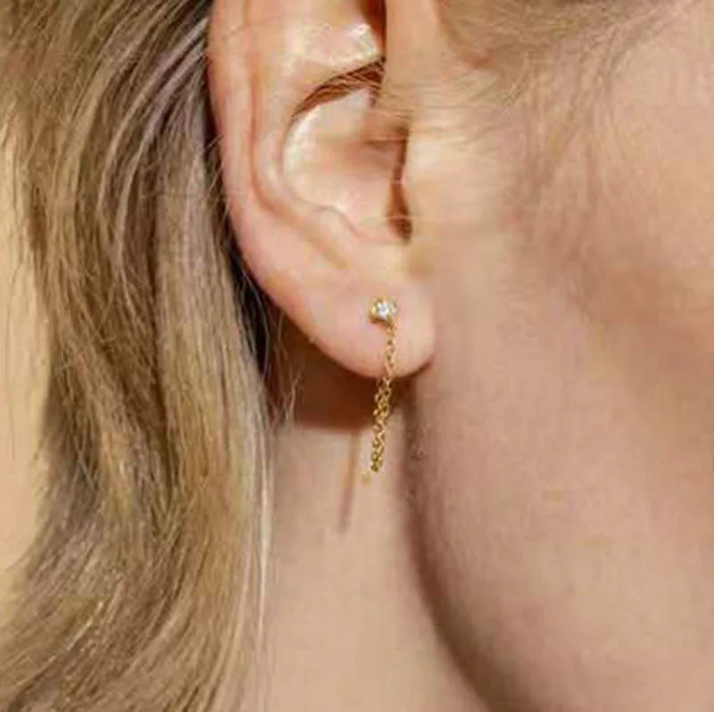 Tarnish Free 18K Gold Plated Cubic Zirconia Chain Tassel Stud Earring Tarnish Free Waterproof Stainless Steel Jewelry MegaBDM