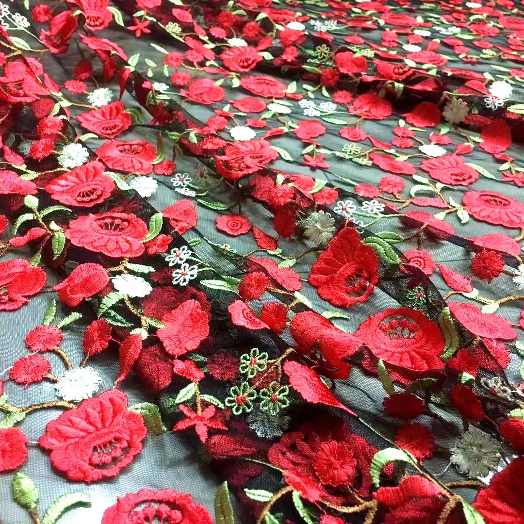 Multicolor Mesh Red Rose Floral Embroidery Dress Haute Couture Roma Fashion Dress Fabric