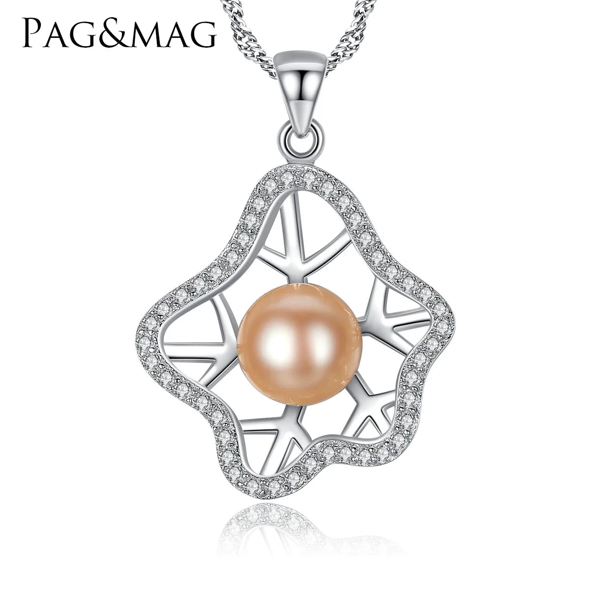 CZCITY Charm Large Pearl Real Freshwater 925 Sterling Silver Pink Big Chain Diamond Pendant Statement Necklace