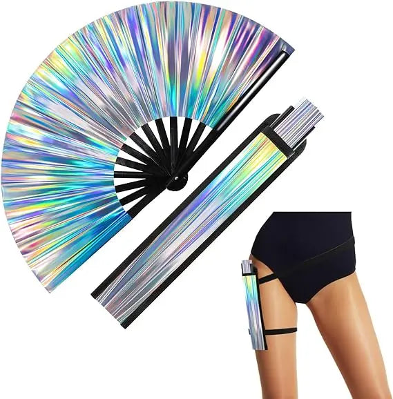 FAREA Large UV Glow Rave Hand Fan with Leg Strap Fabric Case Bag Foldable Portable Custom Logo for Party Promotions