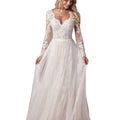 Long Sleeve V-Neck Lace A-Line Tulle Bohemian Wedding Dress Sweep Train Cheap Bridal Dress Lace Appliques Button wedding dress