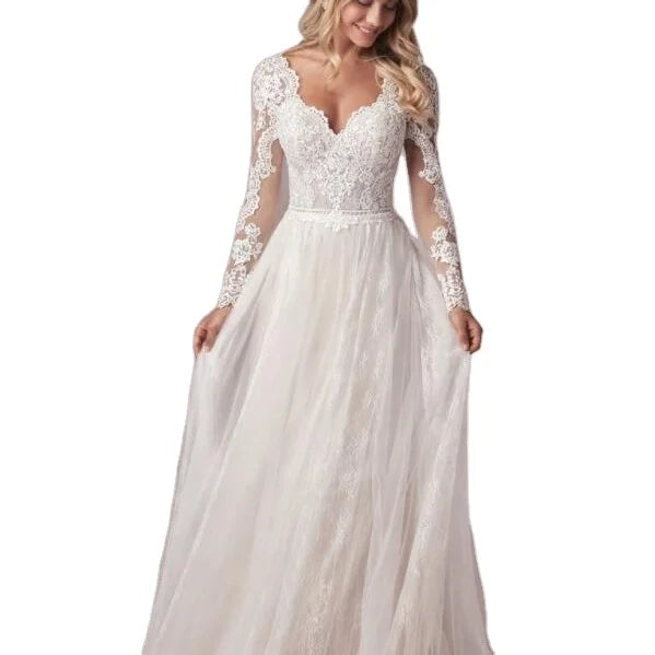 Long Sleeve V-Neck Lace A-Line Tulle Bohemian Wedding Dress Sweep Train Cheap Bridal Dress Lace Appliques Button wedding dress