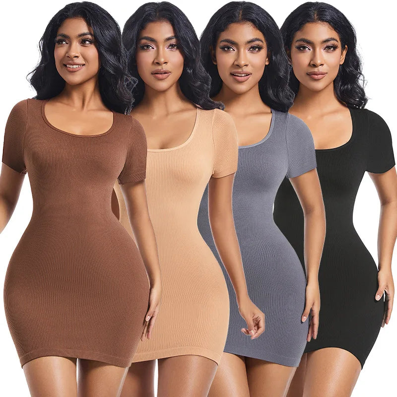Women's High Stretch Seamless Yoga Skirt Ribbed U Neck Knitted Quick Dry Pilates Dress Breathable Sports Apparel