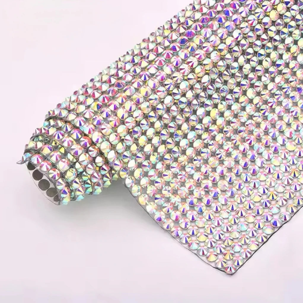 SS20 Crystal AB Hotfix Glass Rhinestone Mesh Trim 24*40cm Iron-on Crystal Fabric Applique Strass Ribbon Garments Shoes Adhesive