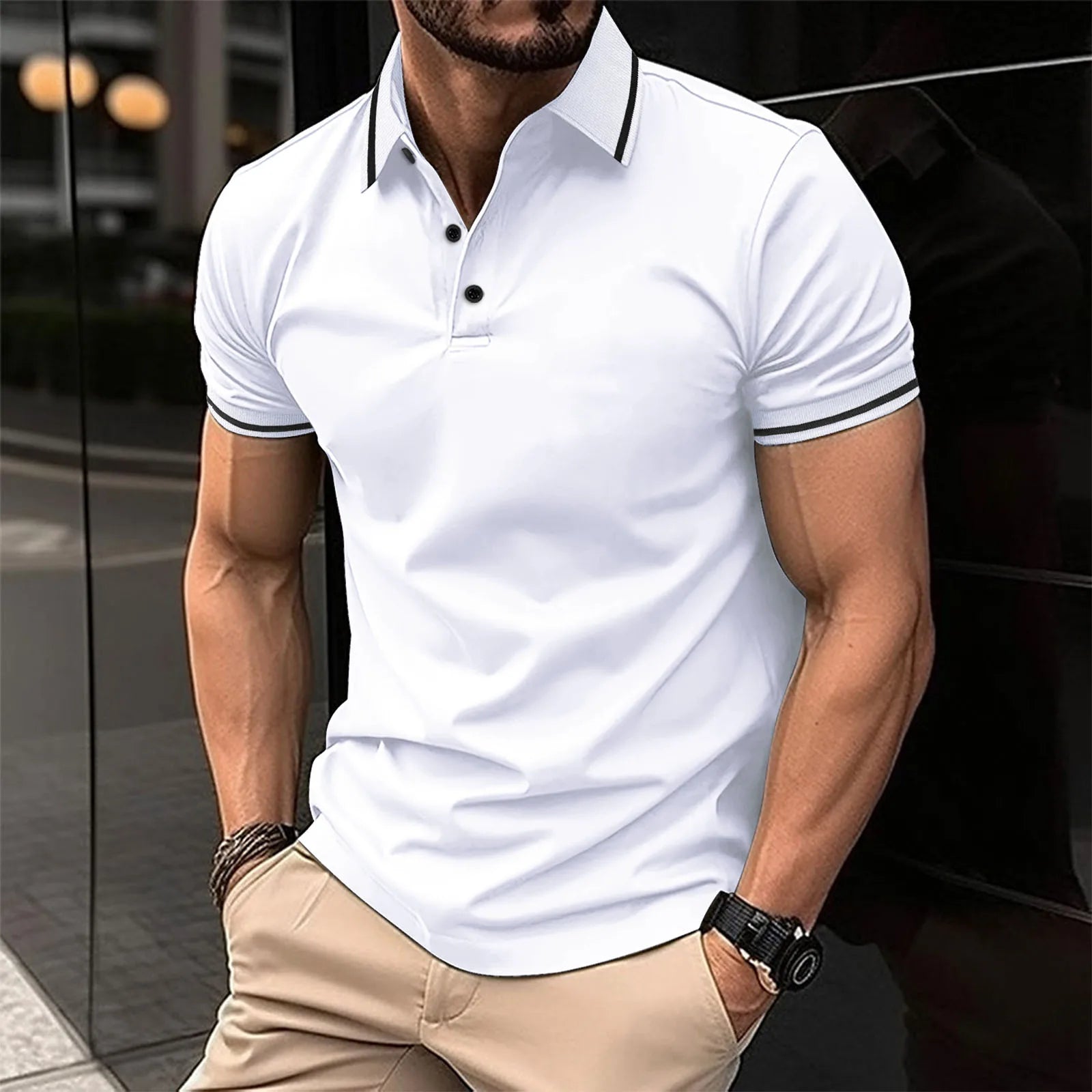 Men's Summer Sports Casual POLO Shirt New Short-Sleeved Lapel Quick Dry Knitted Fabric Button Decoration XL Size Solid Printed