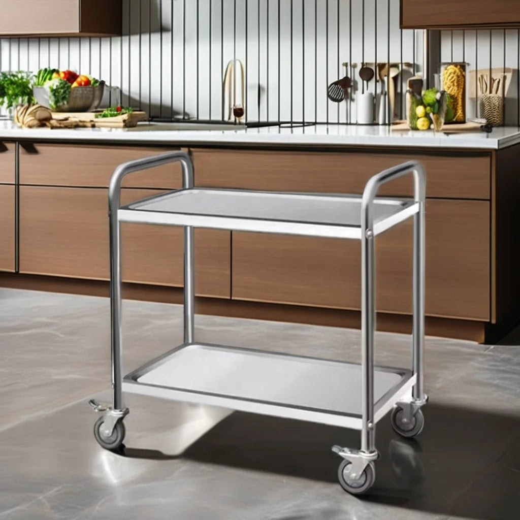 OEM Modern Strong Sturdy Assemble Portable 2-Tier Stainless Steel Kitchen Cart Hotel Restaurant Mobile Food Delivery Service