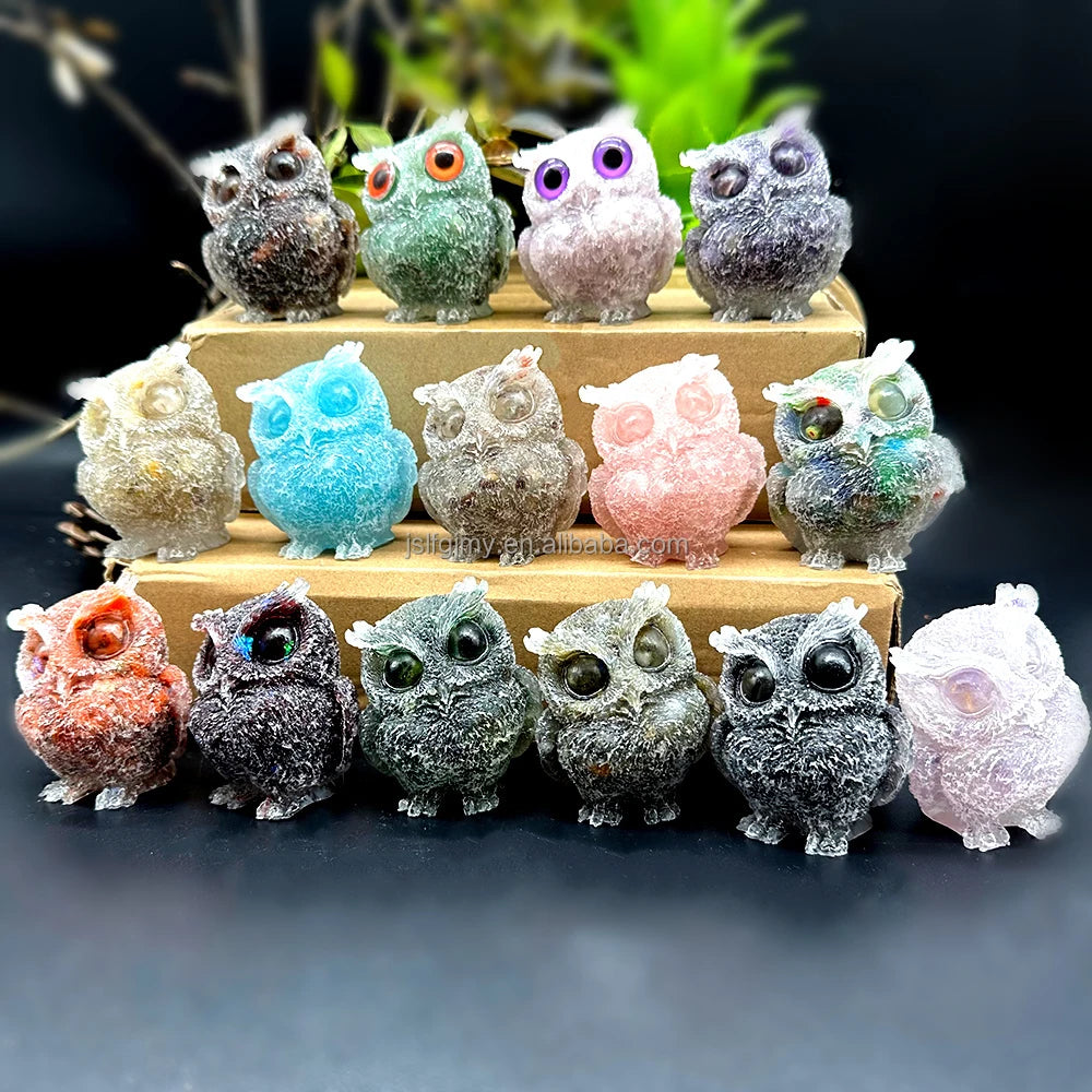 Factory Direct Mixed Quartz Hand Carving Status Multi Agate Chips Resin Crystal Owl Figurine