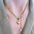 Blue Water Drop Heart Pendant Necklace Pearl Tassel Collar Box Chain Titanium Women's Engagement Party Wedding Anniversary Gift