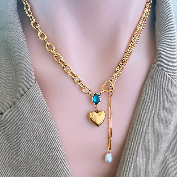 Blue Water Drop Heart Pendant Necklace Pearl Tassel Collar Box Chain Titanium Women's Engagement Party Wedding Anniversary Gift