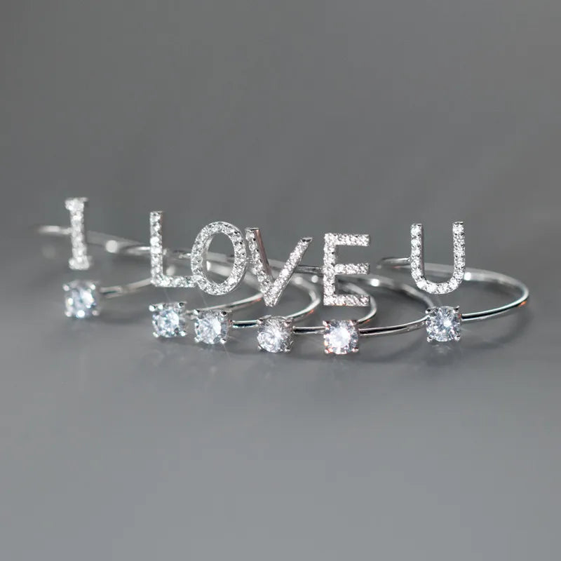 Fashion Iced Out Diamond CZ 26 English Letter Alphabet S925 Sterling Silver Initial Finger Ring for Women