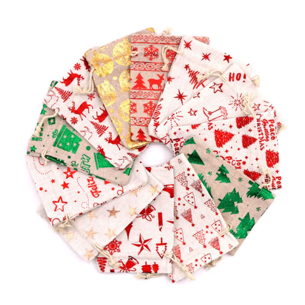 10x14cm Christmas Linen Pouch Jewelry Gift Package Drawstring Bag