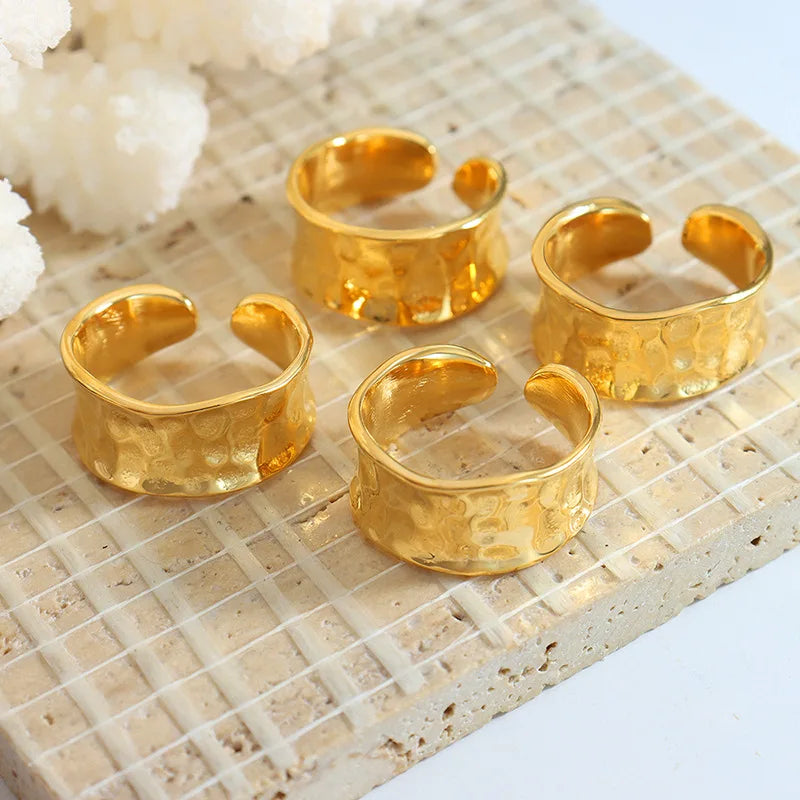 Fashion 18k Gold Plated Stainless Steel Ring Waterproof Chunky Wide Open Cuff Rings for Women Anillos De Acero Inoxidable