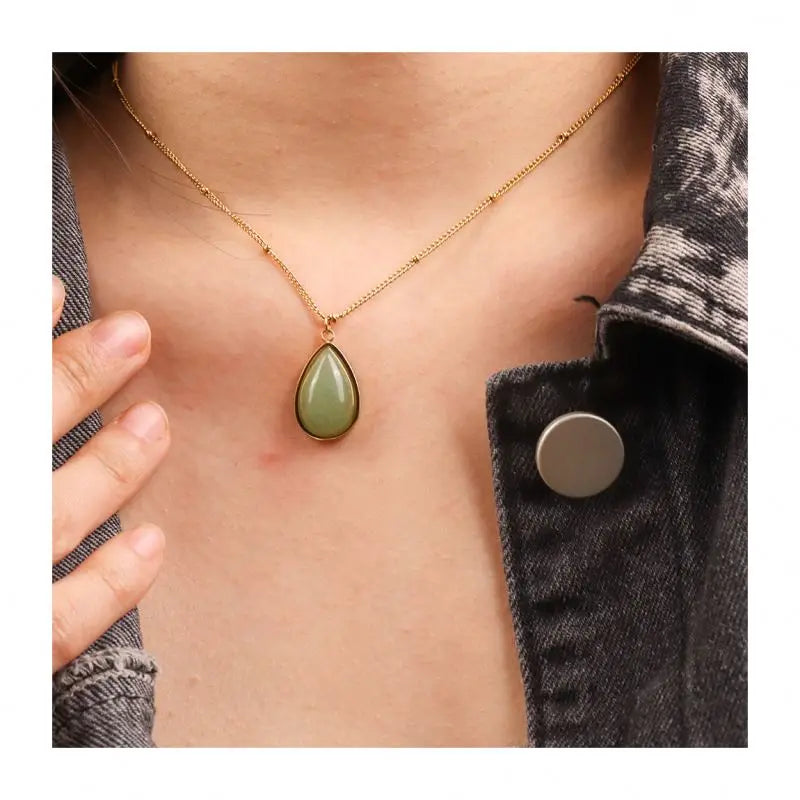 Chris April Vintage Stainless Steel PVD Plated Natural Stone Jade Quartz Amethyst Pendant Necklace