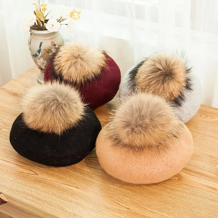 2025 Fashion Woman Wool Berets Hat With Raccoon Warm French Style Fur  Hat for Parties Outdoor Travel and Casual Use