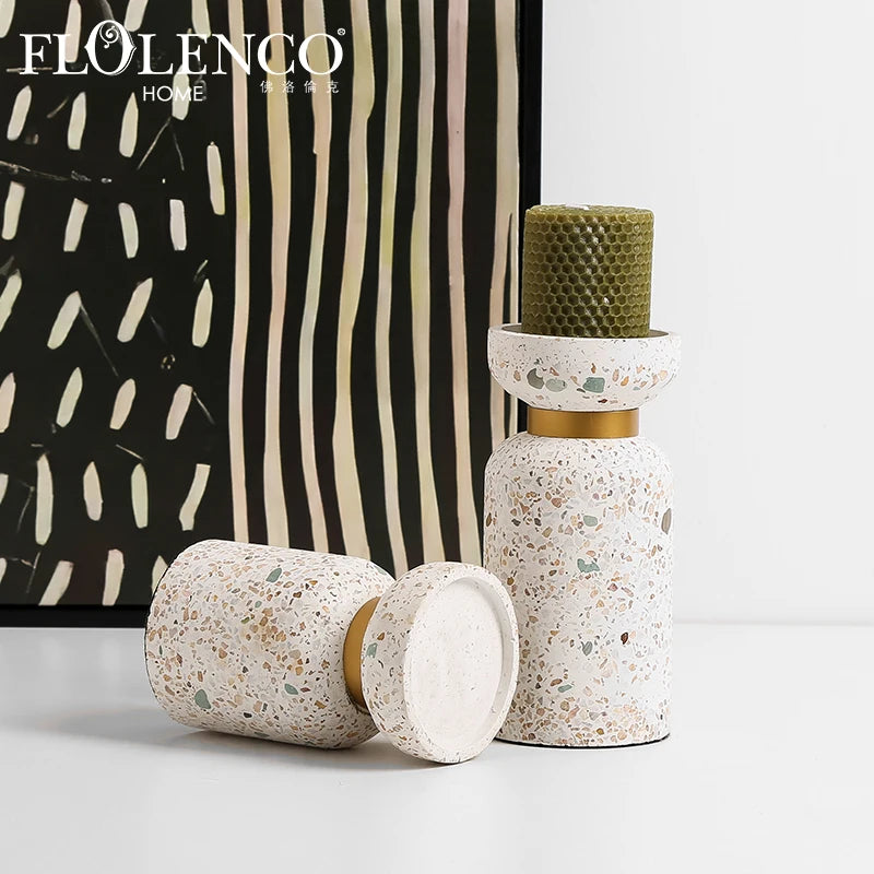 Flolenco Decorative Terrazzo Candlestick Holder Home Decoration Accessories Light Luxury Candle Holder