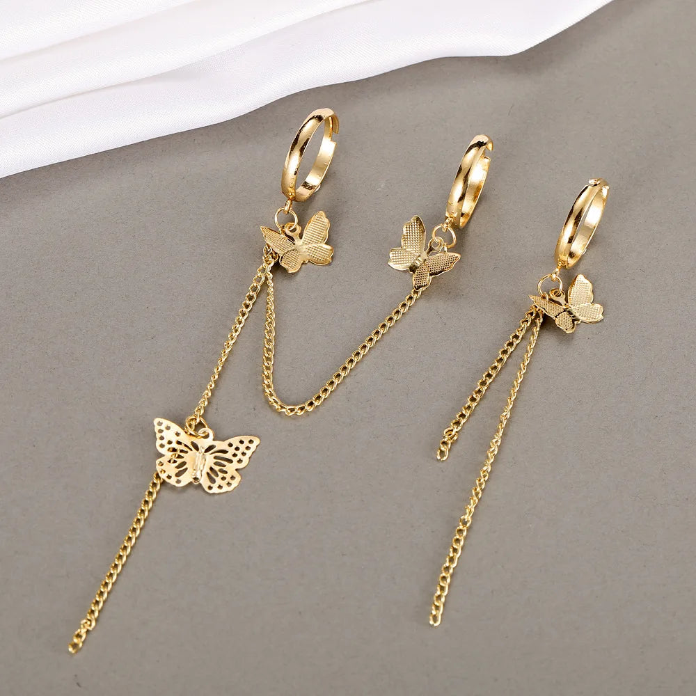 American Personality Chain Combination Long Butterfly Pendant Rings Set Punk Open Index Four Finger Men Rings
