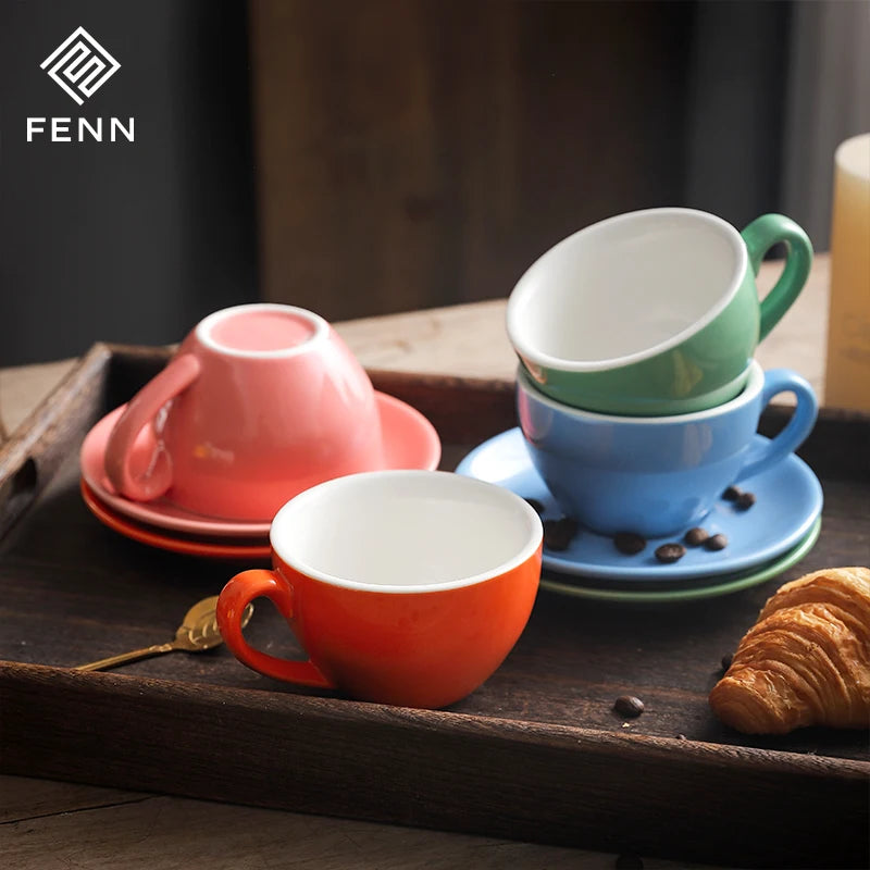 FENN Colorful Thick Body New Cappuccino Cup and Saucers Ceramic Coffee Cup Saucer Latte Cup Drinkware