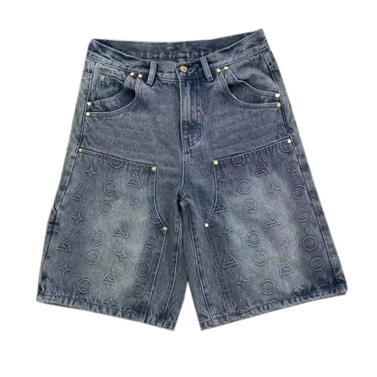 Custom Logo Embossed Design Vintage Streetwear Baggy Jean Shorts for Men-Summer Casual Fashion Jorts with Woven Print Pattern