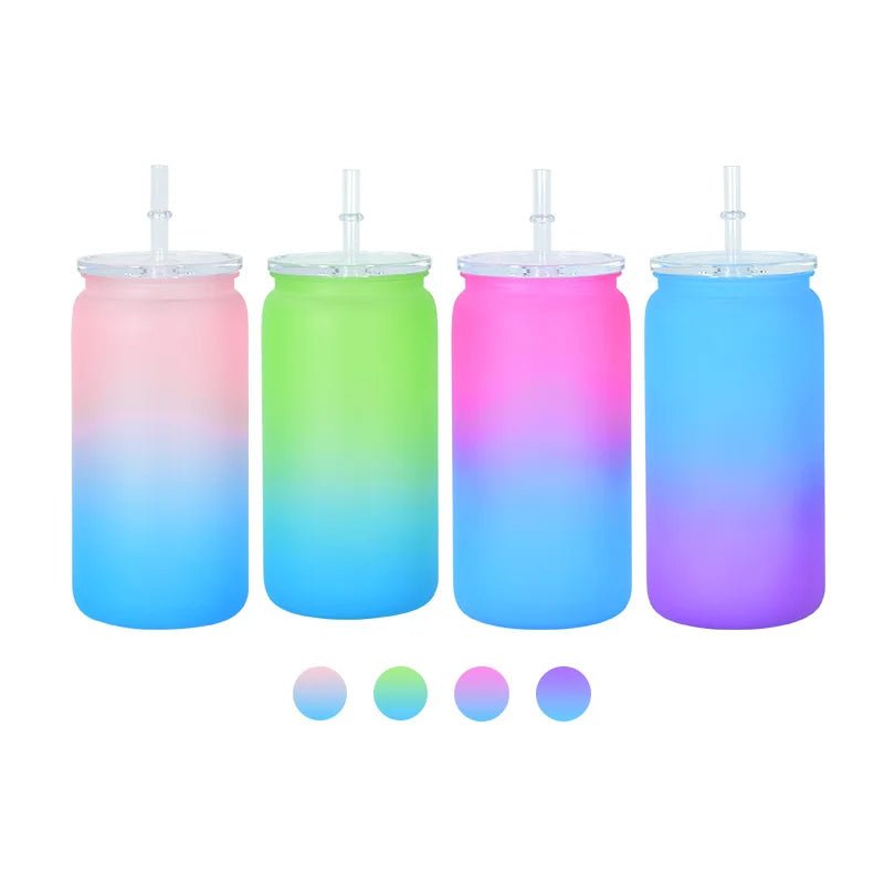 16oz Colorful Gradient Plastic  Acrylic Libby Beer Glass Shaped Jar Can With Colorful  Lid for Summer Gift DIY