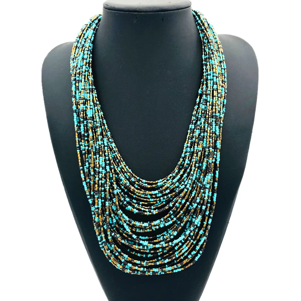 Ethnic Summer Hot Bohemian Multilayer Beaded Jewelry Sets African Style Colorful Seed Beads Necklace Earrings Set Beach Jewelry