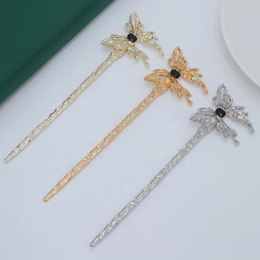 Rhinestone Butterfly Metal Pan Bun Hairpins Updo Hair Accessories Rod Chopstick Wand Chop Sticks Hair Pins for Women Girls