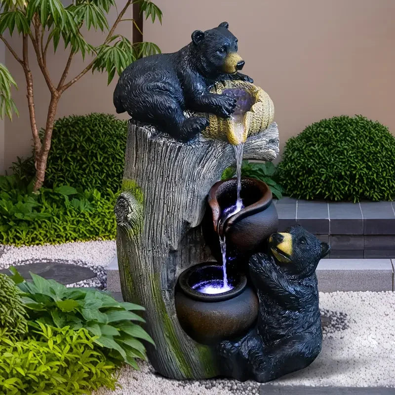 Black Bear Family Water Fountain with Tree Trunk Design Resin Sculpture of Two Bears Playing in a Stream for Decor Zen-Style