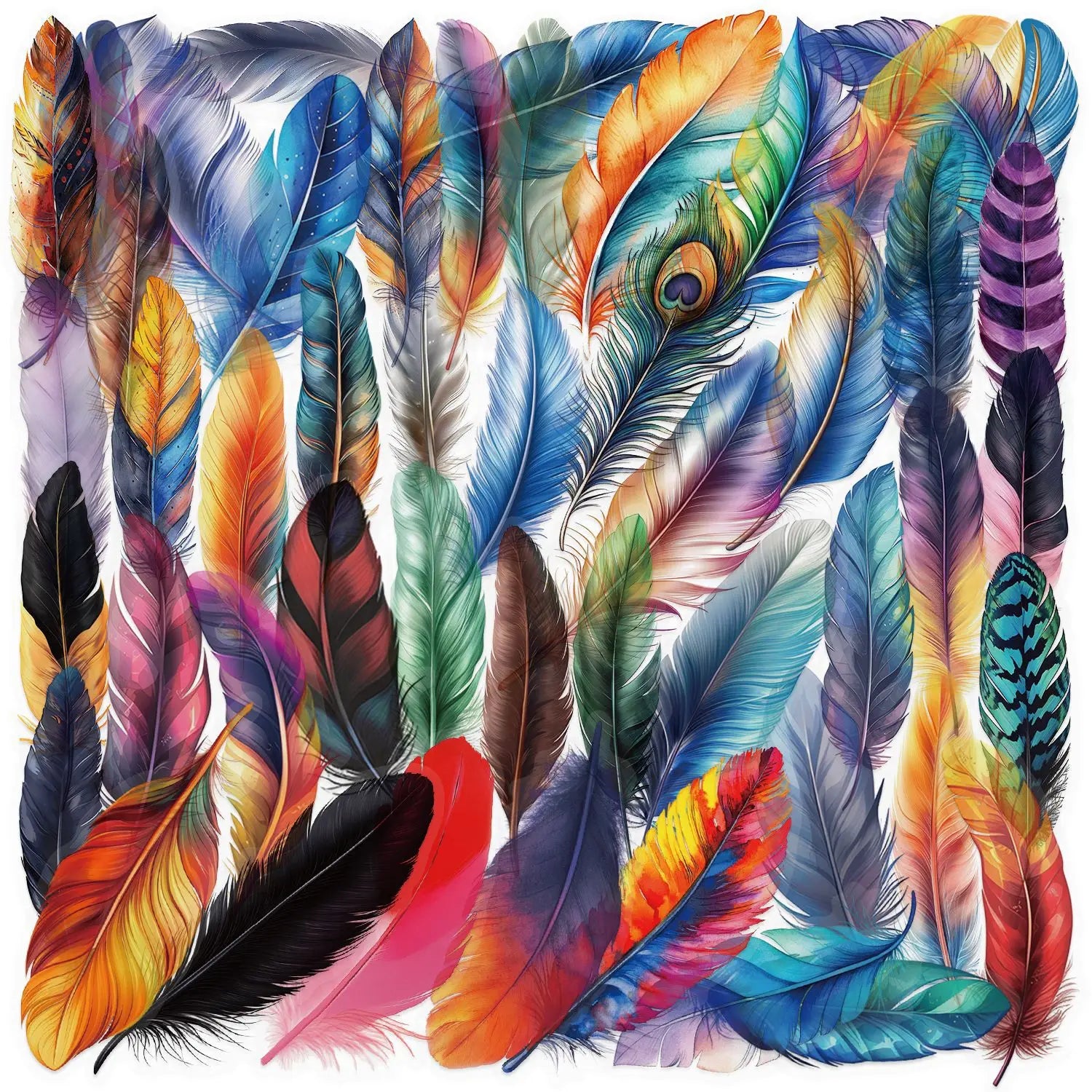 50PCS Waterproof Unfading PET Transparent Colorful Plumage Bird Feather Sticker