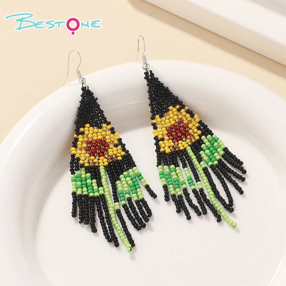 2025 Popular Sunflower Rice Beads Earrings Long Tassel Handmade Earrings