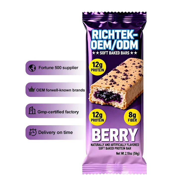 RICHTEK High Protein Bar Custom Protein Bar Bulk Supply Low Calorie Protein Bars With Berry Flavor