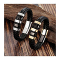 Black Braided Leather Bracelet Plated 2 Tones Stainless Steel Clasp Multi Wrap Genuine Turth Leather Bracelet for Men