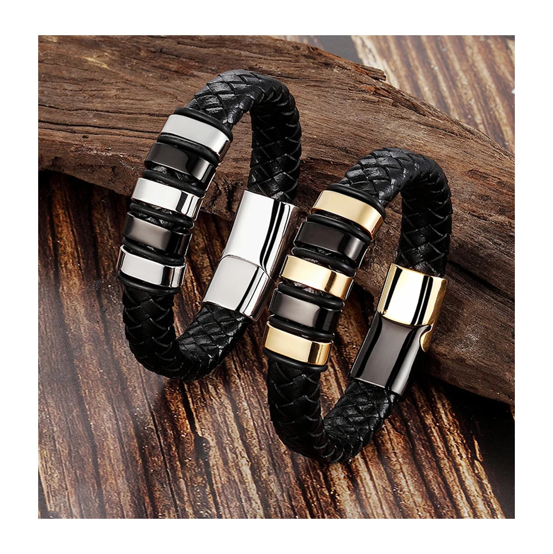 Black Braided Leather Bracelet Plated 2 Tones Stainless Steel Clasp Multi Wrap Genuine Turth Leather Bracelet for Men