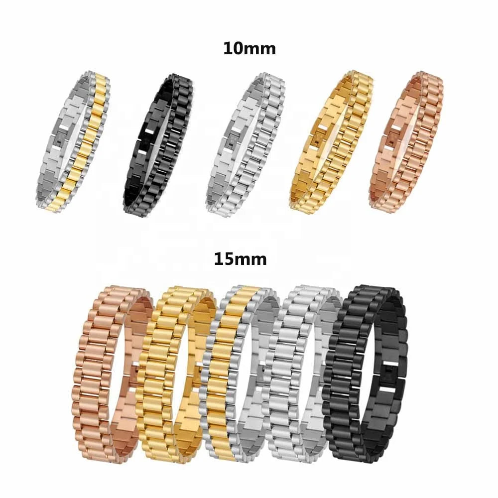 Women Men Non Tarnish Titanium Steel IP Gold Plated 10 15MM Wide Chain Bracelets Solid 316L Stainless Steel Watch Chain Bracelet