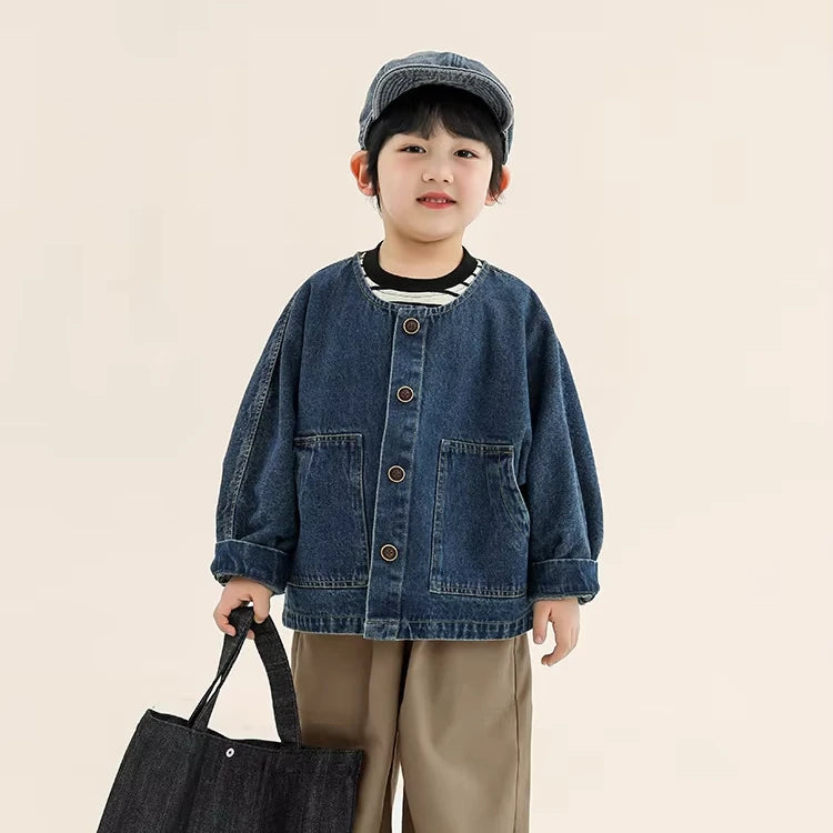 Boy's Denim Jacket Spring Children's Korean Version of Bat Sleeve Crew Neck Top Children's Spring and Autumn Coat Girls