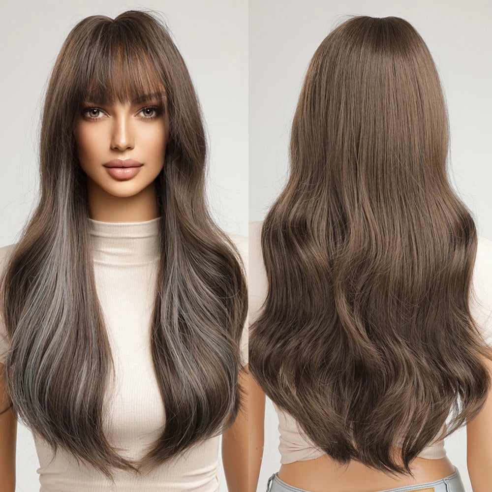Factory Wholesale Price Long Brown Blue Wavy Synthetic Wig Natural Hair Wig for Women Heat Resistant False Hair With Bangs