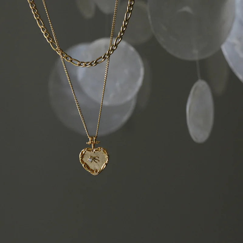 14k Gold Plated Stainless Steel Figaro Chain Vintage Carved Swallow Copper Heart Pendant Women Double Layer Stacking Necklaces