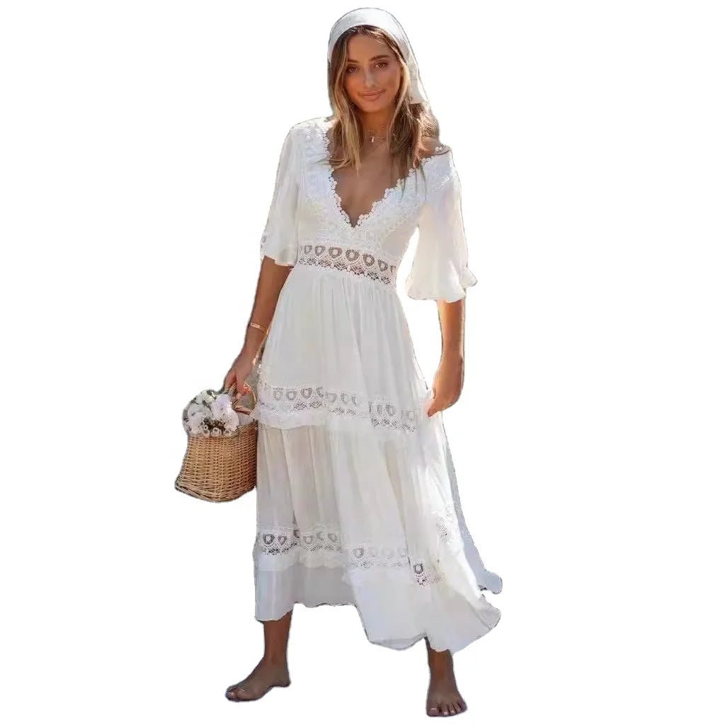 2025 Wholesale Natural Solid Chiffon Short Sleeve V-Neck Lace A-line Silhouette Dress Hollow Back Casual Floor-Length Front Logo