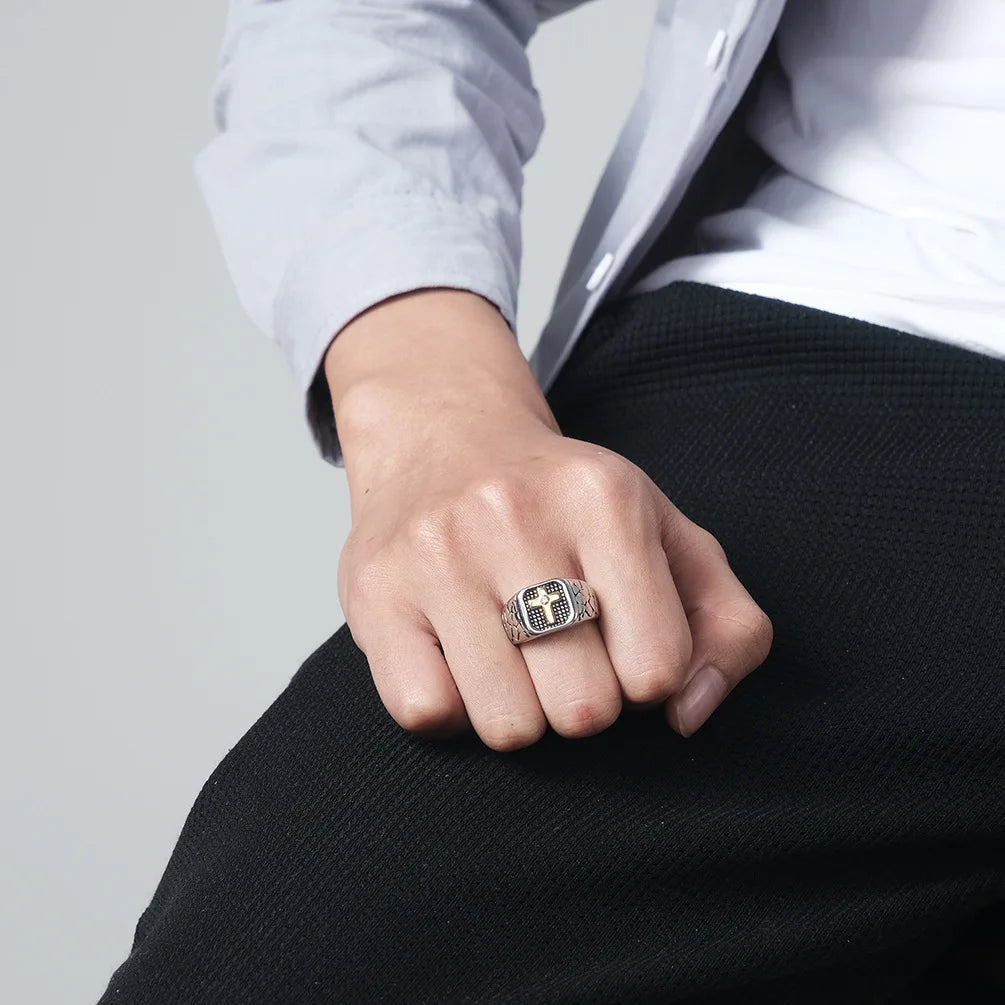 Classical Eternity Cool Zircon Stainless Steel Bulk Silver Geometric Cross Design Rings Men Crack