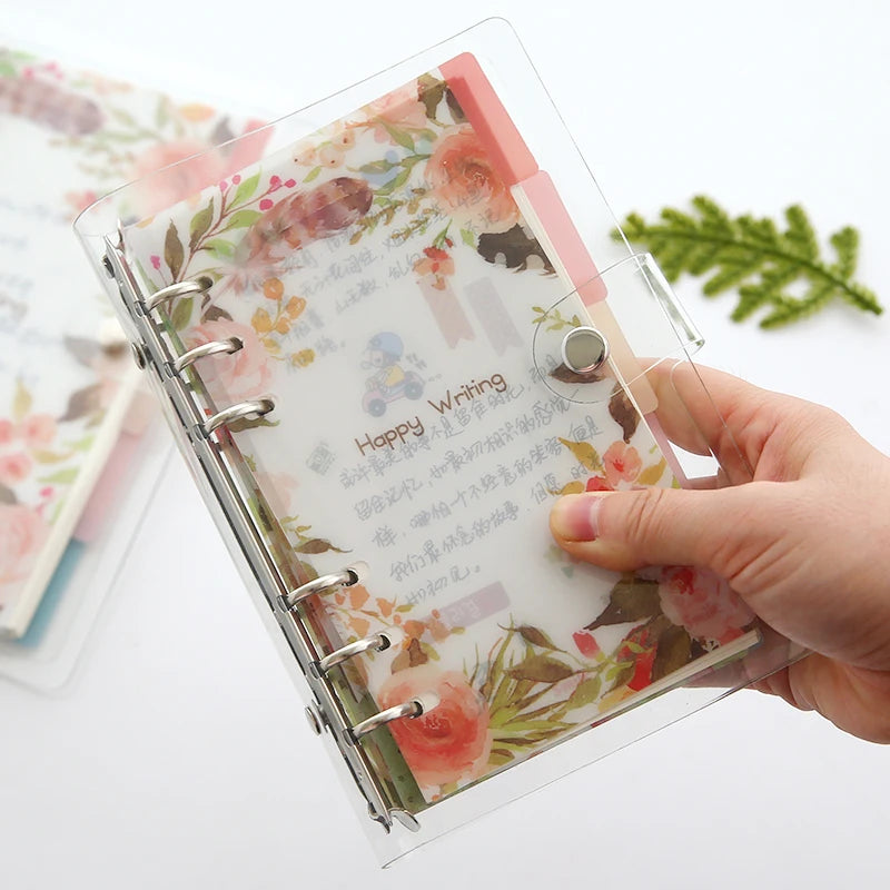 Transparent A5 Binder Notebook 6 Ring Planner with 100 Sheets PVC Cover Loose-leaf Binding Mini Style