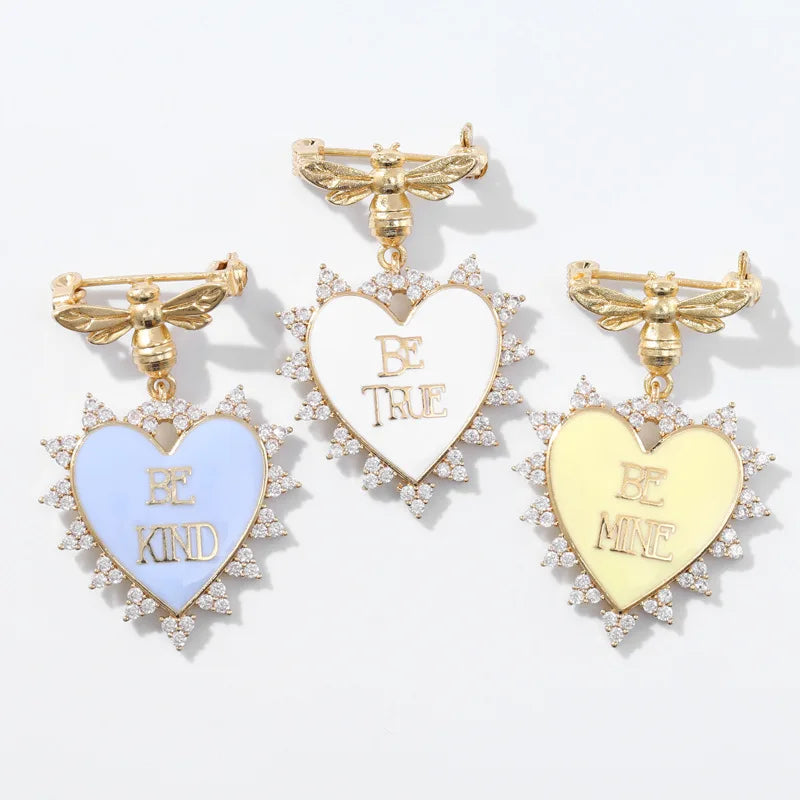 2023 Valentine's Day Sweet Zircon Oil Dripping Heart Pendant Brooch Letter Enamel Gold Plate Brass Women's Engagement Party Gift