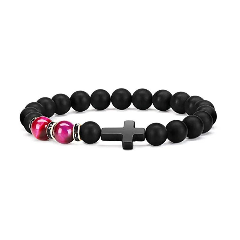 MIENTER Wholesale Handmade 8mm Natural Stone Tiger Eye Lava Howlite Beads Hematite Cross Gemstone Bracelet for Men and Women