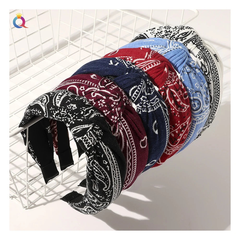 QIYUE Charm Trendy Cashew Printed Custom Women Fashion Knotted Head Band Personalised Tie Knitted SPA Headband